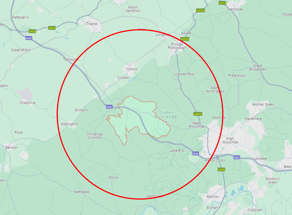 Map showing approximately 7-mile radius around Stokenchurch